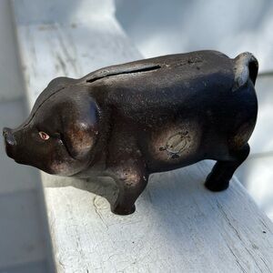 Vintage Cast Iron Spotted Piggy Coin Bank Paperweight
